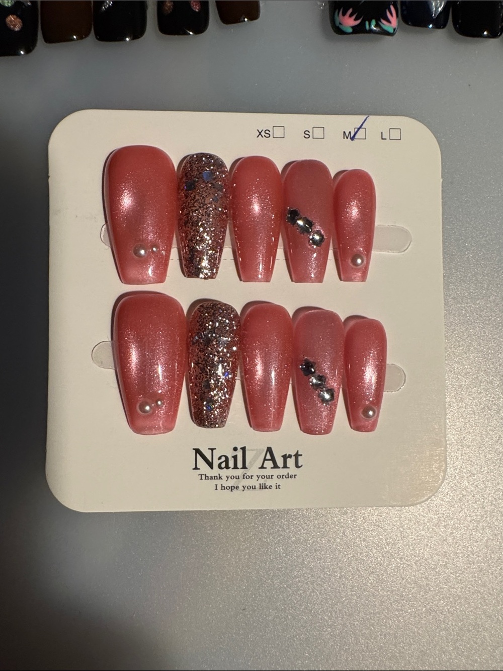 Women Press-On Nails - Shimmery Rose Pink with Glitter Accent